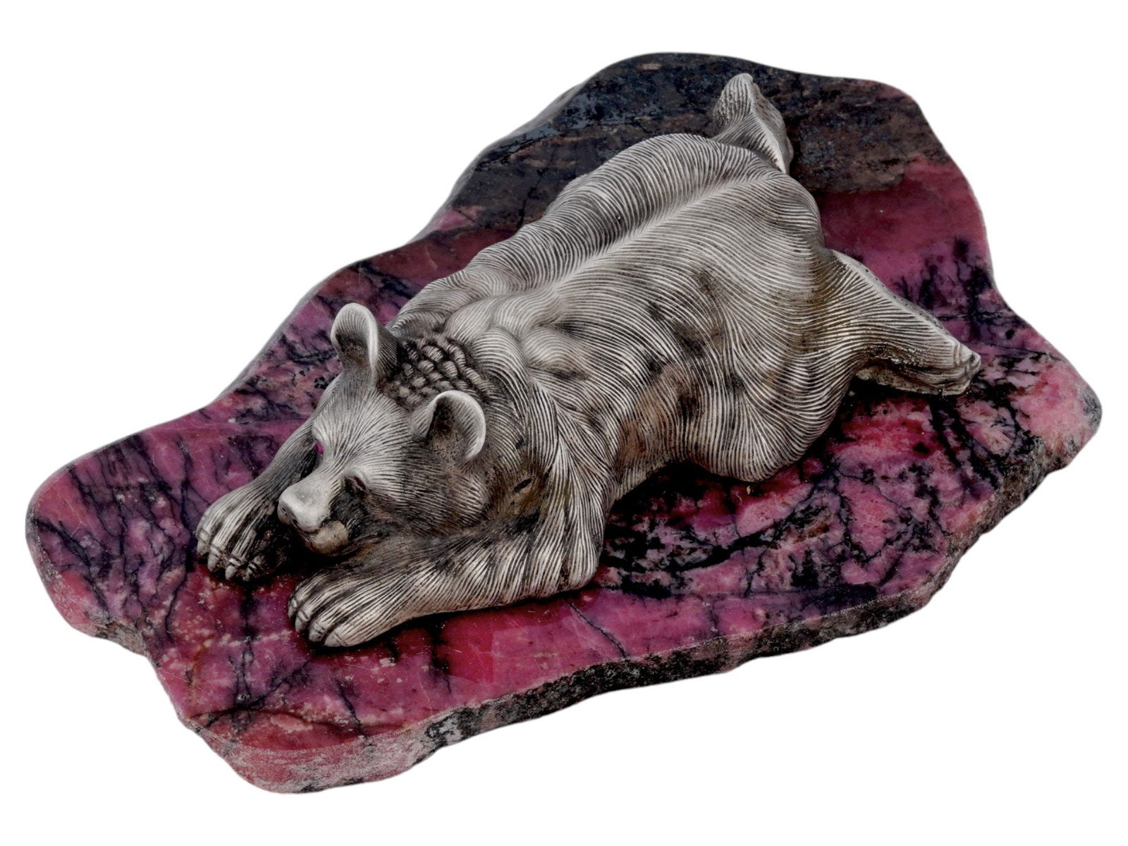 RUSSIAN SILVER BEAR FIGURINE ON RHODONITE BASE (1 of 7)