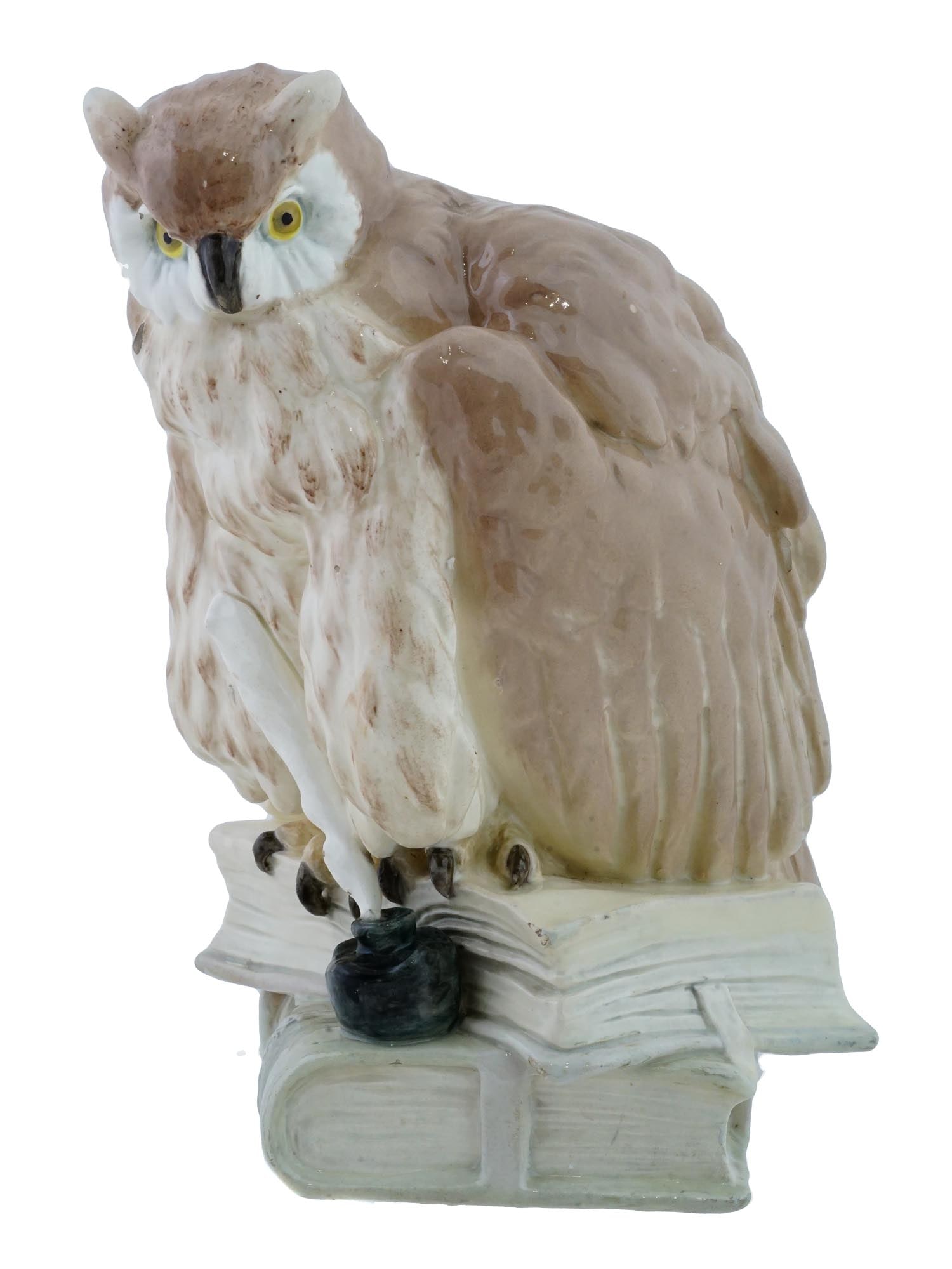 MID CENTURY GLAZED PORCELAIN FIGURINE OWL WITH BOOKS (1 of 12)