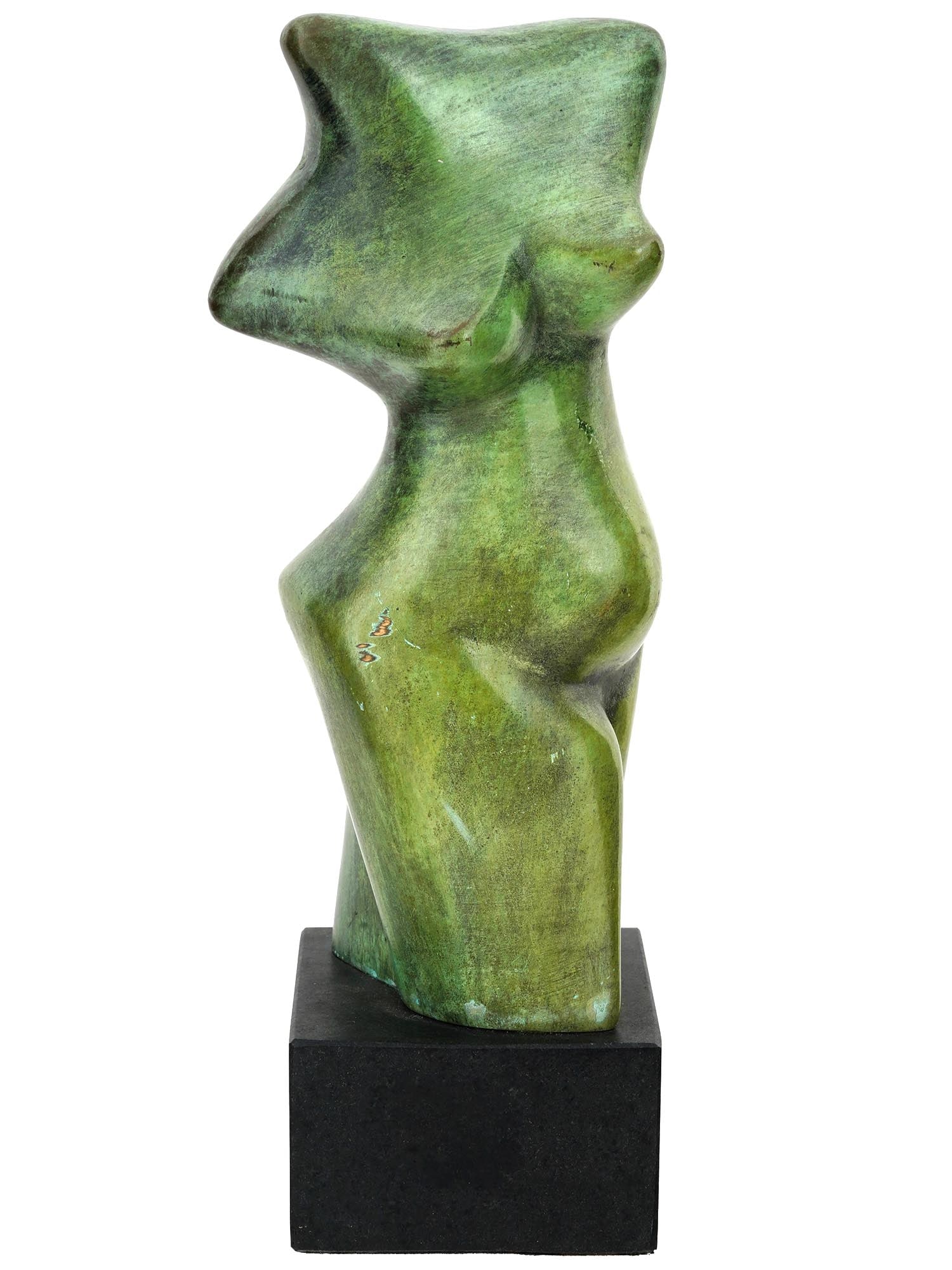 ABSTRACT FEMALE NUDE BRONZE SCULPTURE BY MAN RAY: Green-patinated bronze sculpture by Man Ray, born Emmanuel Radnitzky, 1890 to 1976, an American visual artist of the Dada and Surrealist movements who spent most of his career in Paris. The artwork re