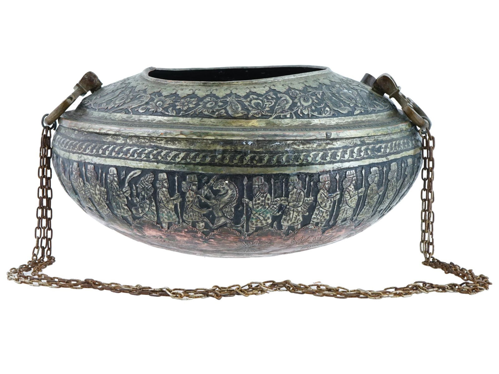 ANTIQUE PERSIAN QAJAR STEEL NIELLO KASHKUL BEGGARS BOWL: An antique Persian steel beggars bowl, also named Kashkul, a vessel used by Sufi dervishes to collect and store alms. Qajar Empire, 1795 to 1925. Boat-shaped piece with chain holder. Niello and engrav