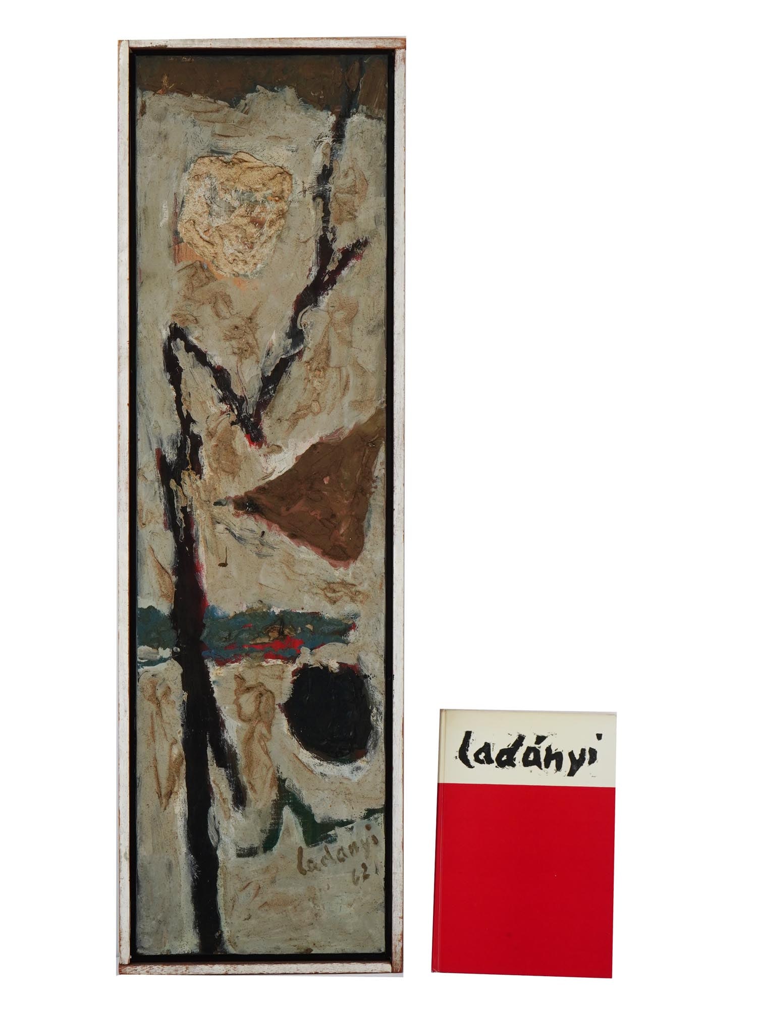 AMERICAN MODERNIST PAINTING BY EMORY LADANYI AND BOOK: Emory Ladanyi, American, born in Hungary, 1902 to 1986, an oil painting on canvas titled Basic Forms in Motion #2 presenting a visual testament to Ladanyis mastery, showcasing his dynamic approach to 