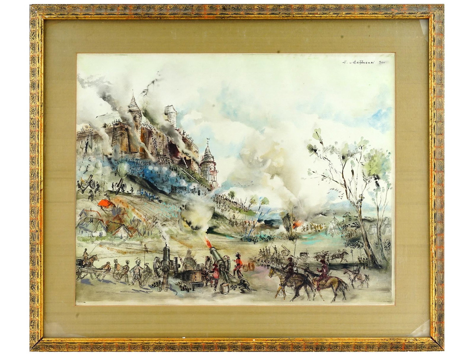 HUNGARIAN WATERCOLOR PAINTING BY HUGO MATZENAUER: Hugo Matzenauer, Hungarian, American, 1923 to 2013, watercolor painting on paper depicting a battle siege of the fortress scene in a landscape, 1960. Signed and dated, upper right. Framed. Additionall