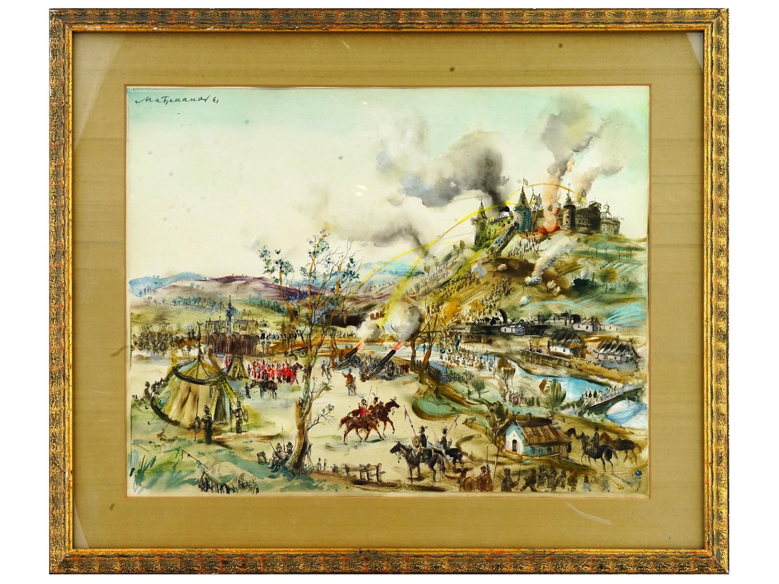 HUNGARIAN WATERCOLOR PAINTING BY HUGO MATZENAUER: Hugo Matzenauer, Hungarian, American, 1923 to 2013, watercolor painting on paper depicting a battle scene in a landscape, 1961. Signed and dated, upper left. Framed. Hugo Matzenauer was a graphic arti
