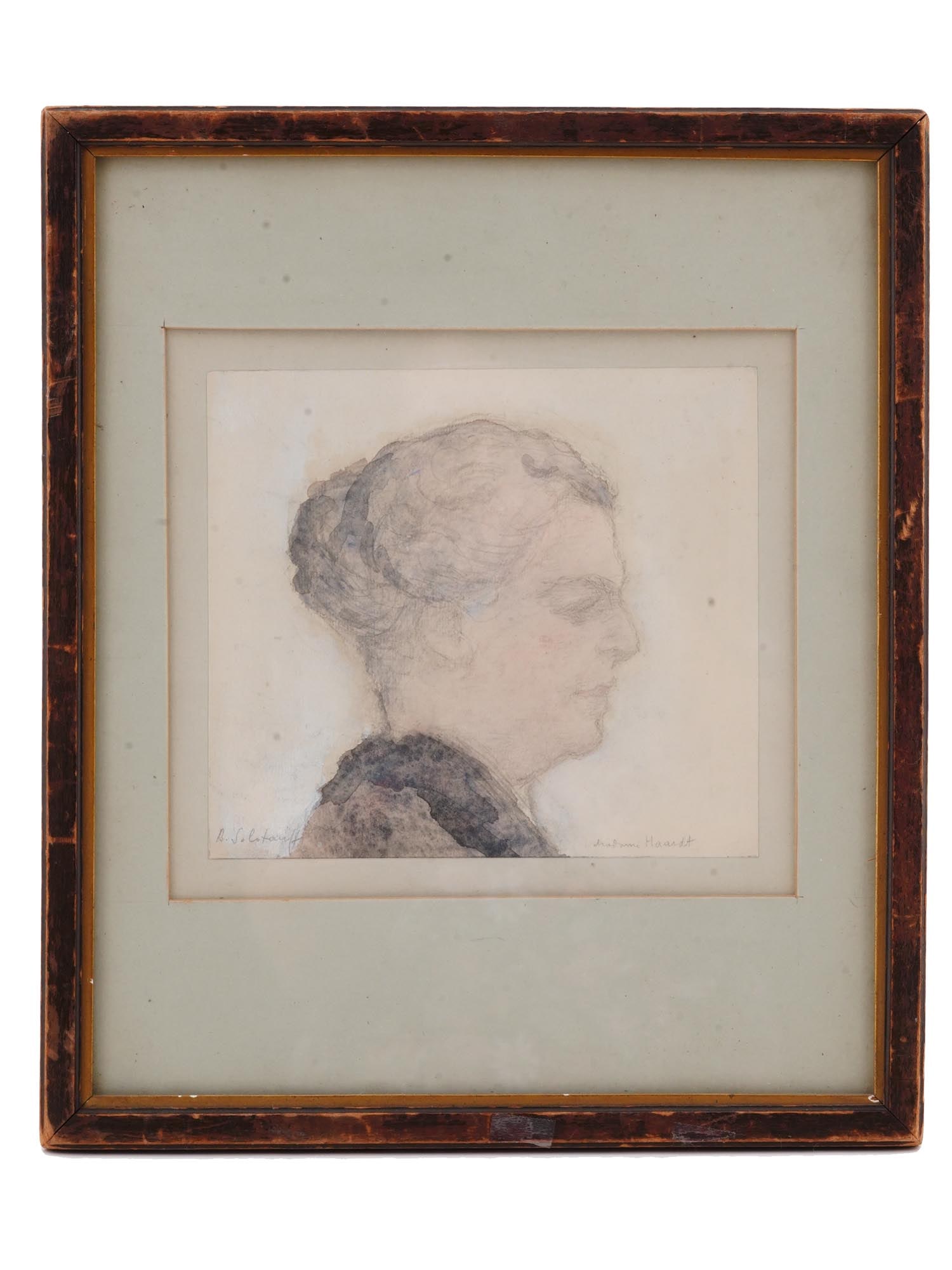RUSSIAN MIXED MEDIA PAINTING BY BORIS SOLOTAREFF: Boris Solotareff, Russian, Soviet, 1889 to 1966, mixed media, watercolor and pencil, painting on paper, portrait of Madame Haardt. Signed lower left. Titled lower right. Framed. Boris Solotareff was a