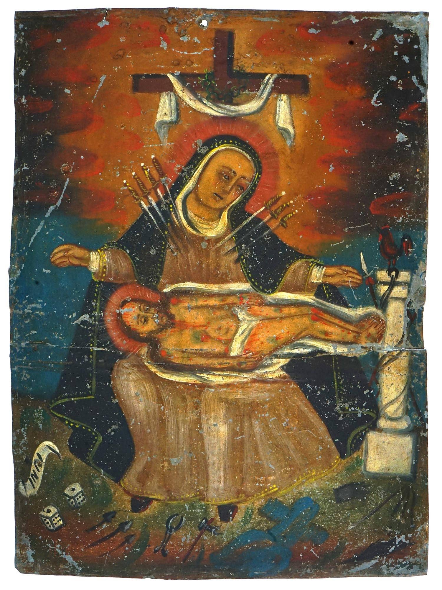 ANTIQUE MEXICAN PAINTING MILAGROS OUR LADY OF SORROWS: An antique Mexican retablo on metal painting of Milagros, Our Lady Of Sorrows. The plaque is hand painted with the image of Holy Mother over the body of Jesus Christ. Milagros or Ex Voto are religious