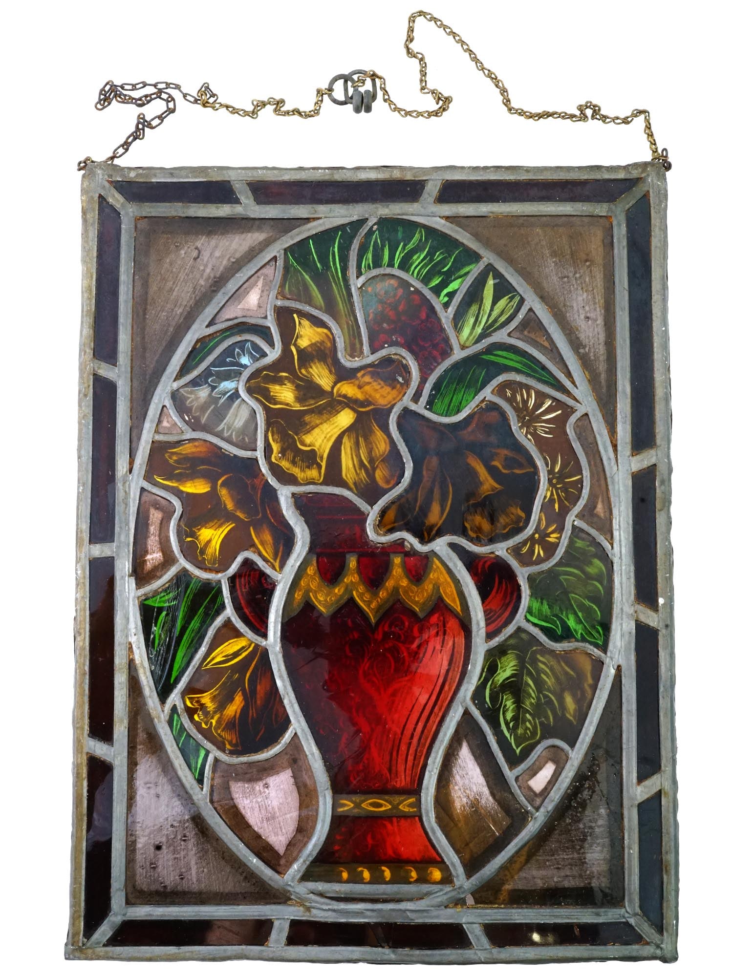 ANTIQUE POLYCHROME STAINED GLASS WINDOW PANE FRAMED (1 of 4)