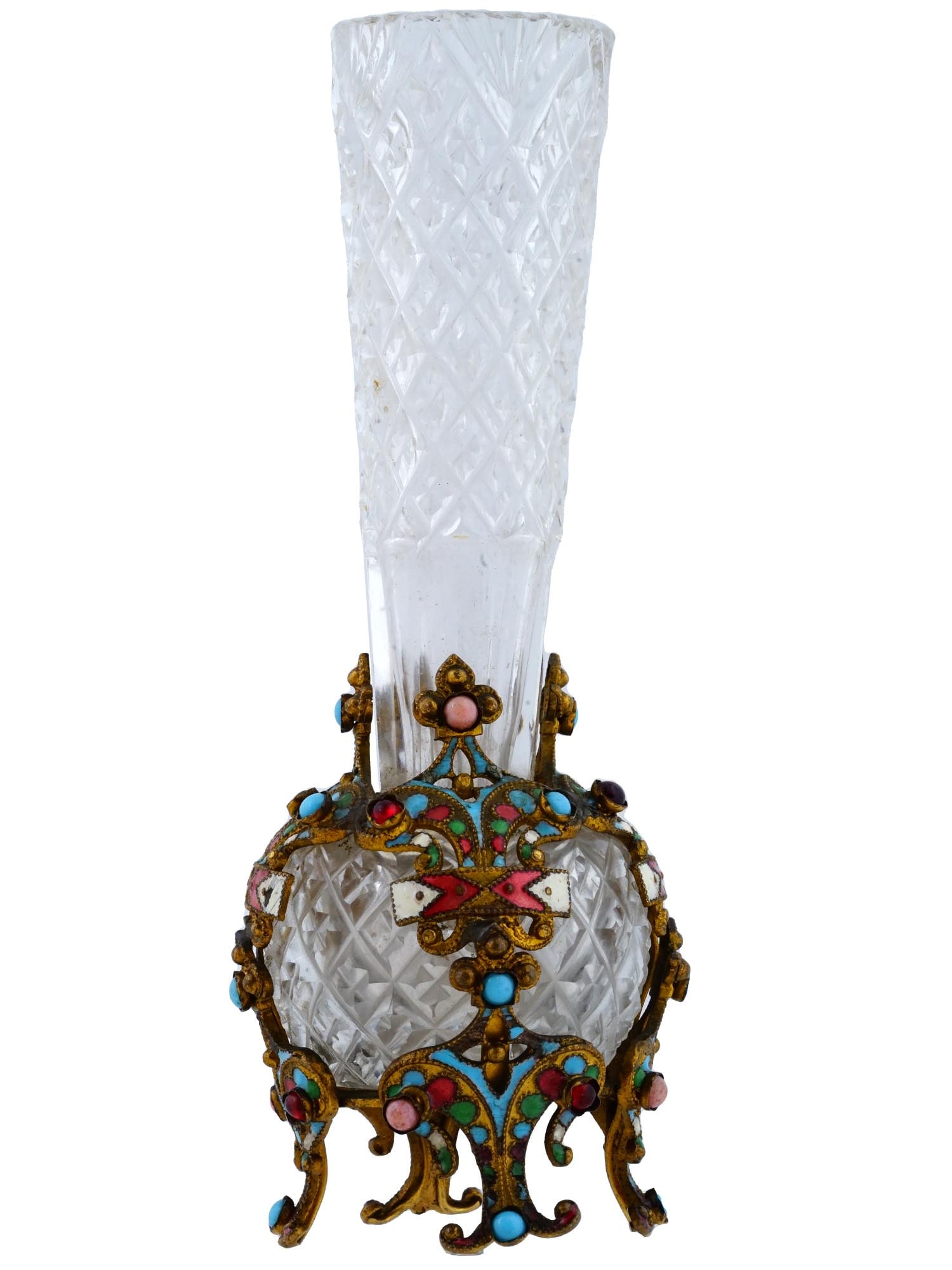 ANTIQUE CUT CRYSTAL VASE ON GILT BRASS ENAMEL STAND (1 of 7)