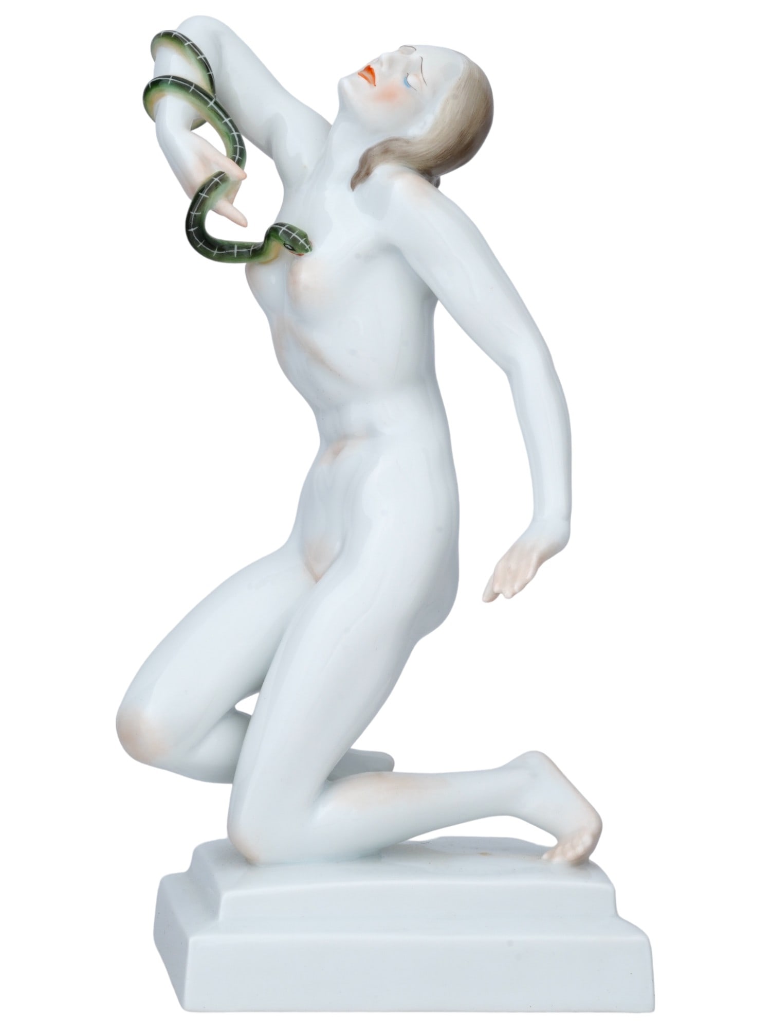 HEREND HUNGARY PORCELAIN FEMALE NUDE FIGURE WITH SNAKE: A mid-20th century hand-painted porcelain figurine by Herend, a Hungarian porcelain manufacture active since 1839. Ca. 1960s. The piece represents a seated nude woman with a snake. Titled Death of Cle