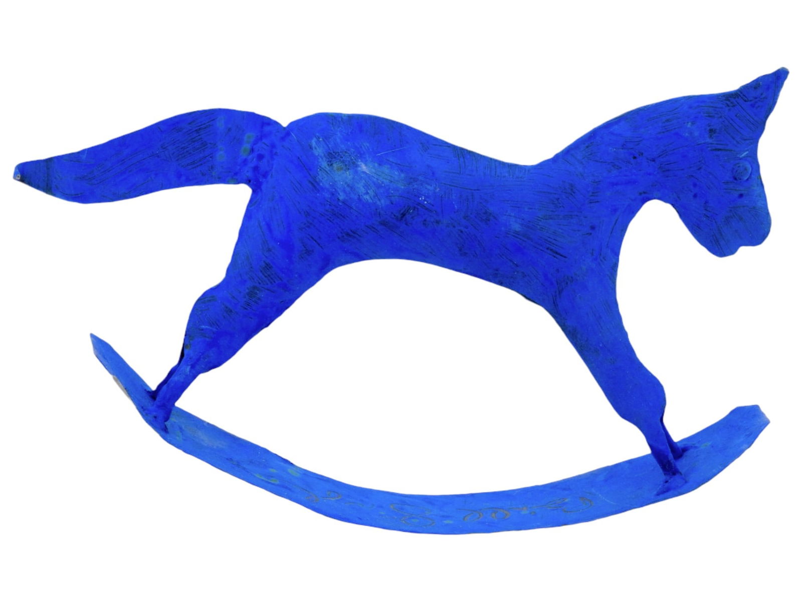 BLUE HORSE METAL TEMPERA FIGURE BY BILL TRAYLOR: William Traylor, 1853 to 1949, a hand painted metal sculpture depicting a rocking horse. The sculpture is hand painted with pure tempera in an electric blue shade. Signed by the artist, Bill Traylor,