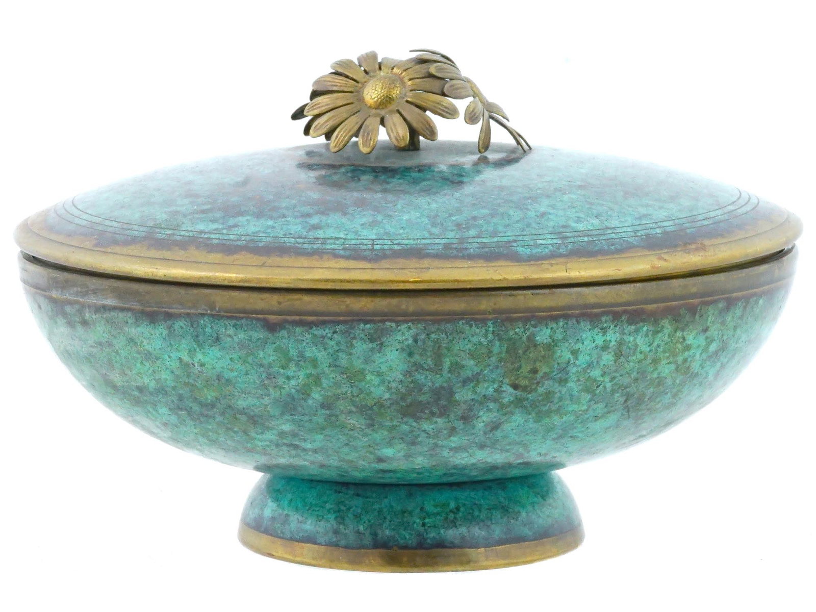 VINTAGE BRASS ENAMEL ISRAELI CANDY BOWL MID 20TH C: A vintage brass enamel Israeli candy bowl from the mid 20th century. The candy bowl has a pleasant round shape, blue green color and a stable base. On the top of the lid there are closely spaced flowe