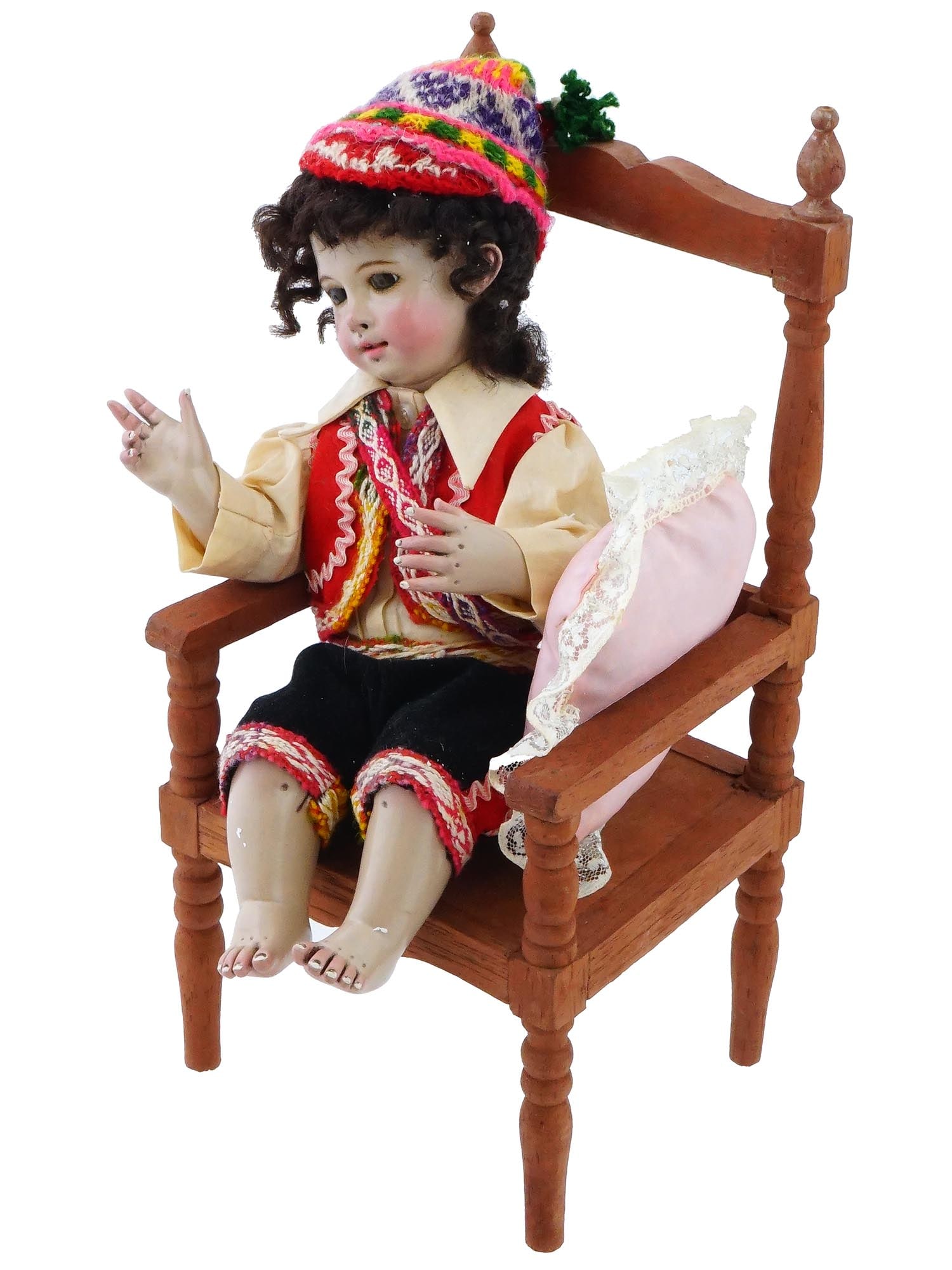 ANTIQUE EARLY 20TH C BOY DOLL ON WOODEN CHAIR (1 of 7)