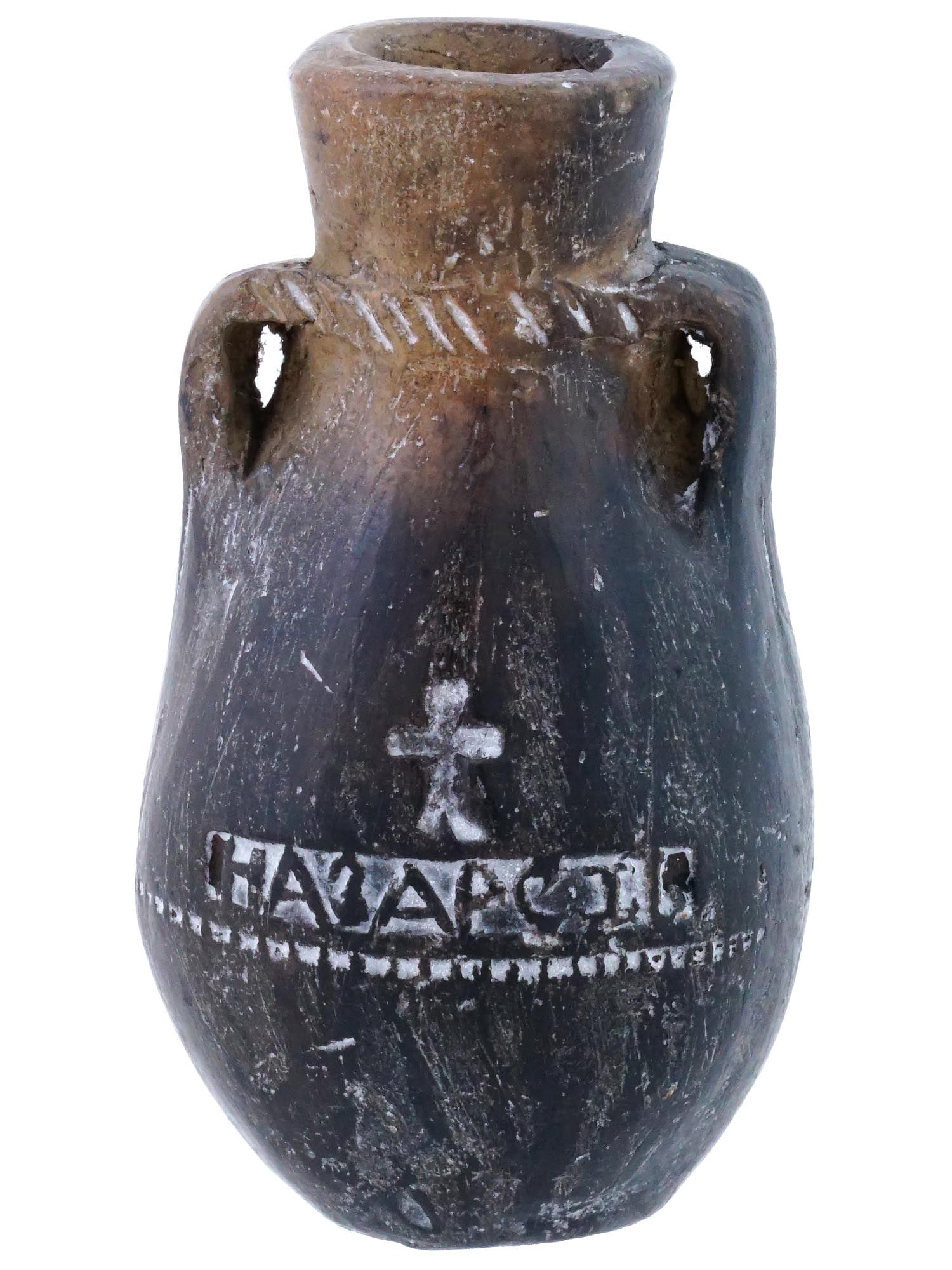 ANTIQUE EGYPT COPTIC CHRISTIAN PILGRIM FLASK: An antique Egypt Coptic Christian pilgrim flask. Coptic flasks, used by pilgrims during religious journeys, were adorned with symbols and inscriptions that held deep religious significance. The flask