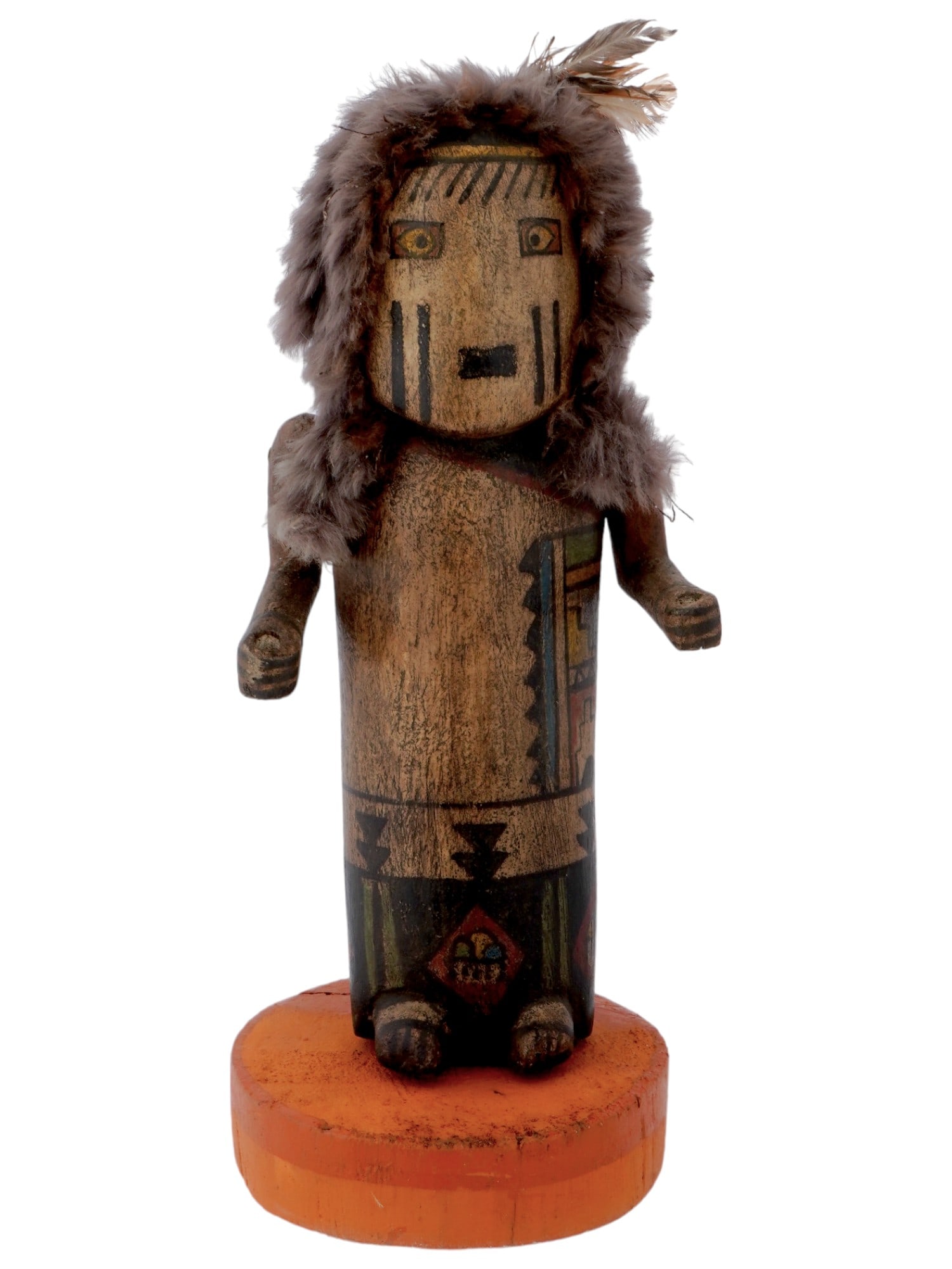SOUTHWESTERN NATIVE AMERICAN WOOD KACHINA FIGURE: A Southwestern Native American Kachina Hopi doll. The doll is made from hand carved wood. The figurine is adorned with hand painted traditional ornaments, and decorated with feathers on the head. A Ka