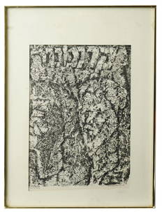 SOVIET JUDAICA LITHOGRAPH PRINT BY ANATOLI KAPLAN: Monochrome lithograph on paper by Anatoli Kaplan, 1902 to 1980, a Soviet Jewish painter and printmaker whose works reflected on shtetl life and Jewish folklore. The artwork represents an abstract