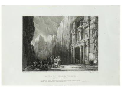 ANTIQUE SCOTTISH PETRA ENGRAVING BY DAVID ROBERTS: David Roberts, English, Scottish, 1796 to 1864, an engraving on paper, Ruins of Selah Petra. Drawn by David Roberts from a sketch by Count Leon de Laborde. Engraved by E. Finden. Inscribed in the