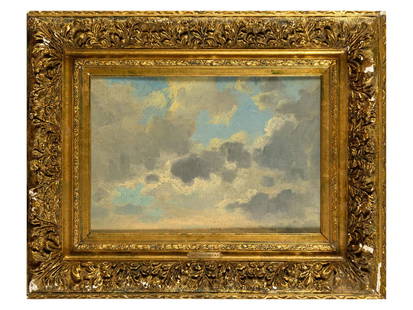 JOHN CONSTABLE ANTIQUE ENGLISH CLOUDS OIL PAINTING: John Constable, 1776 to 1837, Cloud Study, oil on canvas laid on cardboard. Housed in an original period wood and frame, richly decorated with carved leaves and gilded. The attached metal plaque is