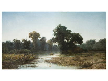 19TH C CHARLES FRANCOIS DAUBIGNY FRENCH PAINTING: Charles-Francois Daubigny, 1817 to 1878, an antique oil on canvas painting depicting a River Landscape. Signed by the artist lower right. Charles-Francois Daubigny was a French painter, one of the mem