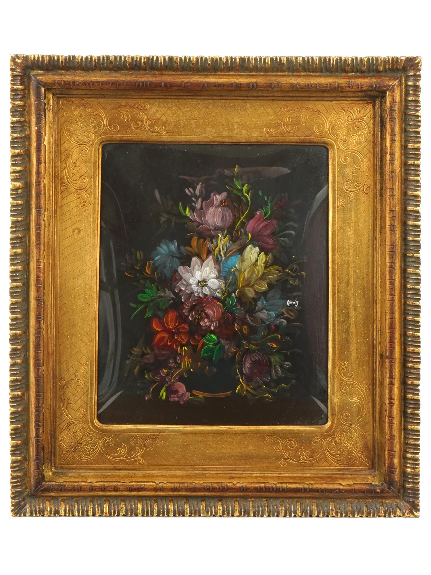 DUTCH SCHOOL FLORAL STILL LIFE OIL PAINTING SIGNED: A Dutch School oil painting on panel depicting a still life with flowers. Signed by the artist, Andy, to the center right. Framed. Floral still lifes were especially prominent in the early 1600s, and