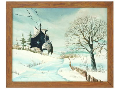 MODERN AMERICAN OIL PAINTING BY JOSEPH LA PIERRE: Joseph La Pierre, American, 1945 to 2009, oil painting on canvas depicting a winter landscape with an illusion of torn canvas with a space scene. Signed lower left. Framed. Joseph La Pierre was born i