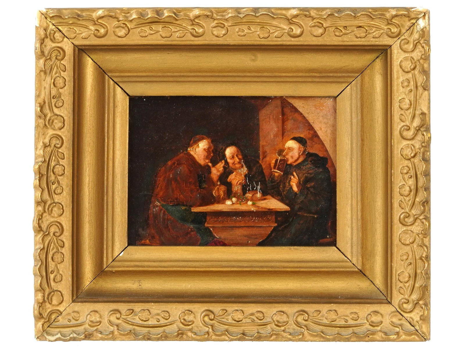 ANTIQUE MONKS OIL PAINTING AFTER OLAF SIMONY JENSEN: An antique Danish School oil painting on board after the original oil painting on canvas, Interior with Monks Tasting Beer, 1904, by Olaf Simony Jensen, Danish, 1864 to 1923. Unsigned. Framed. Danish
