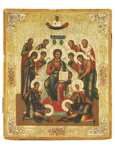 ANTIQUE RUSSIAN ICON CHRIST IN MAJESTY WITH SAINTS: An antique 19th-century Russian Orthodox icon representing Jesus in the Christ Pantocrator iconography, known in the Western Christianity as Christ in Majesty, surrounded Archangels and saints. Mixed