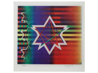 YAACOV AGAM SIGNED JUDAICA OP ART HOLOGRAM AGAMOGRAPH: Yaacov Gibstein Agam, Israeli Jewish, French, American, born 1928, limited edition Agamagram Hologram serigraph on paper depicting a Star of David. Circa: 2000s. Signed lower right. Numbered 3 of 25 A