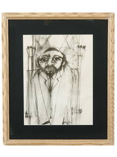 AMERICAN MALE PORTRAIT OFFSET PRINT BY PAUL GOLD: Monochrome offset print on paper after a pencil drawing. American, late 20th century. The artwork depicts a portrait of a Jewish man. Expressionist pictorial manner. Signed by the artist in the lower