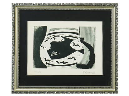 FRENCH LITHOGRAPH PRINT BY GEORGES BRAQUE: Georges Braque, French, 1882 to 1963, a lithograph print. Signed to the right and numbered to the left. Matted and framed. Georges Braque was a major 20th-century French painter, collagist,