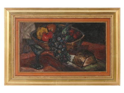 POLISH STILL LIFE OIL PAINTING BY SIGMUND MENKES: Sigmund Joseph Menkes, Polish, American, 1896 to 1986, oil painting on canvas depicting a still life with fruits. Signed lower right. Framed. Sigmund Menkes is known for Abstract figure, still life