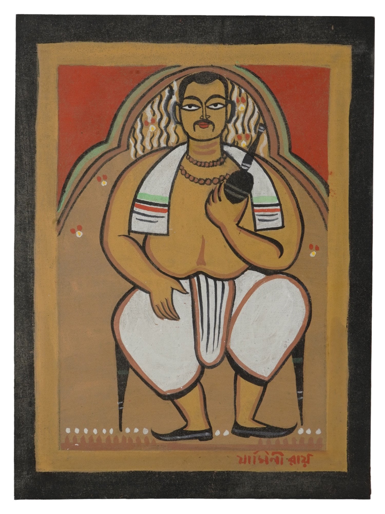 MID CENTURY INDIAN BABU PAINTING BY JAMINI ROY: Jamini Roy, Indian, 1887 to 1972, tempera on board painting depicting a portrait of a man with a hookah, entitled Babu, circa the 1950s. Signed lower right. Jamini Roy was honored by the Government of