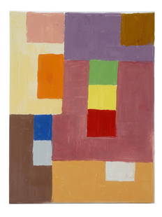 ABSTRACT ARAB LEBANESE OIL PAINTING BY ETEL ADNAN: Etel Adnan, Lebanese, 1925 to 2021, oil painting on canvas depicting an abstract geometric composition, 2016. Signed and dated, on the backside. Etel Adnan was a Lebanese American poet, essayist, and