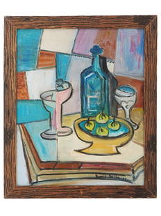 CZECH CUBIST STILL LIFE OIL PAINTING BY EMIL FILLA: Oil on canvas painting by Emil Filla, 1882 to 1953, a Moravian artist and the leader of the Czech avant-garde movement. The artwork combines Cubist and Fauvist features. It represents a still life wit