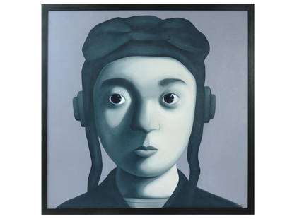 ATTR TO XIAOGANG ZHANG MODERN CHINESE PILOT OIL PAINTING: Oil on canvas painting depicting a portrait of a pilot. In the manner of Xiaogang Zhang, born 1958, a Chinese symbolist and surrealist painter. Signed and dated 2000 lower right, additionally signed a