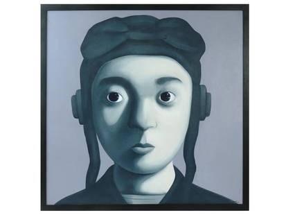 ATTR TO XIAOGANG ZHANG MODERN CHINESE PILOT OIL PAINTING: Oil on canvas painting depicting a portrait of a pilot. In the manner of Xiaogang Zhang, born 1958, a Chinese symbolist and surrealist painter. Signed and dated 2000 lower right, additionally signed