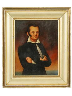 AMERICAN FOLK JAMES BOWIE KNIFE PORTRAIT OIL PAINTING: A 20th century American Folk Art oil painting on canvas depicting a portrait of James Jim Bowie with a knife. Unsigned. Framed. A paper label of Charles G. Carlton, on the backside. James Bowie, 1796