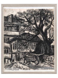 RUSSIAN RURAL CHARCOAL PAINTING BY SACHA MOLDOVAN: Sacha Moldovan, Russian, American, 1901 to 1982, charcoal painting on paper a rural house view. Signed on the backside. Framed. Sacha Moldovan was a Russian born American expressionist and post impres