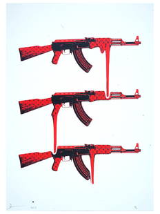 LOUIS VUITTON RED KALASHNIKOV POP ART PRINT SIGNED: An original art print signed by author and labeled as Artist Proof with a Pop Art design titled as Louis Vuitton Red Army Kalashnikov. A piece or art created in 2017 and with no more than 100 copies p