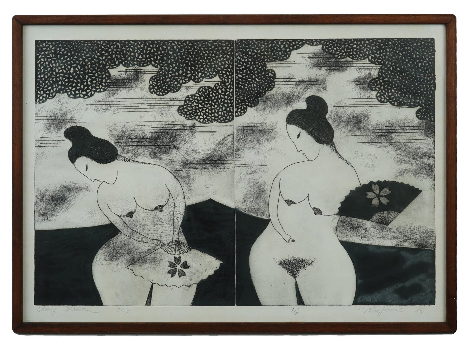 JAPANESE NUDE WOMAN WOODBLOCK PRINT BY MAYUMI ODA: Mayumi Oda, Japanese, born194, diptych woodblock print on paper, Cherry Blossom, depicting two nude women with fans in a landscape. Signed in Latin and Calligraphy in pencil, lower right. Titled in La