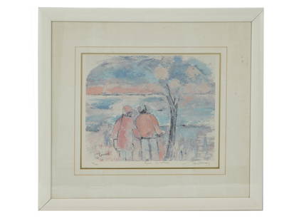 CONTEMPORARY CANADIAN LITHOGRAPH BY RENE LEMAY: Rene Lemay, Canadian, 1934 to 2015, color lithograph on paper depicting a coastal scene with a romantic couple, 1988. Signed and dated 88, in the print, lower left. Signed in pencil, lower right.