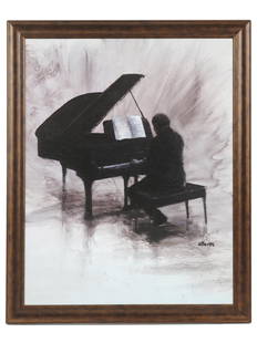 MODERN CANADIAN PIANIST LITHOGRAPH BY REMI LABARRE: Remi LaBarre, Canadian, born 1977, color lithograph on paper depicting a scene with a pianist. Signed in the print, lower right. Framed. A paper sheet showing detailed information about the artist,