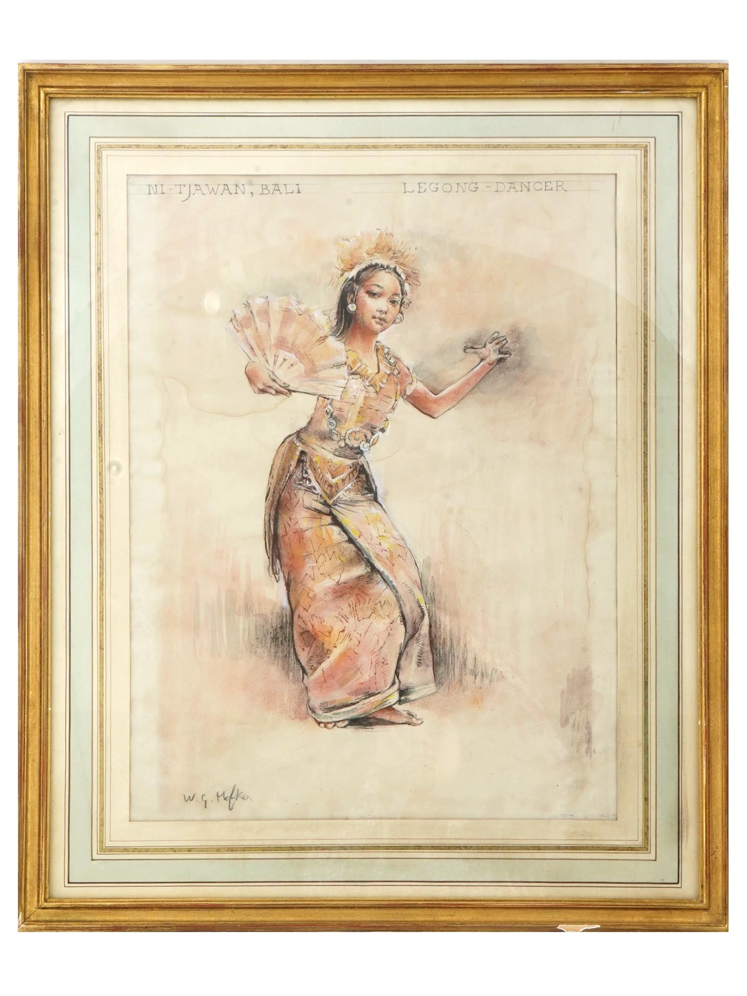 NI TJAWAN BALI DANCER PAINTING AFTER WILLEM HOFKER: After Willem Gerard Hofker, Dutch, 1902 to 1981, a watercolor painting of a female dancer from Bali. Holds the inscription upper Ni Tjawan, Bali, Legong Dancer. Signed lower left. Matted and framed. W