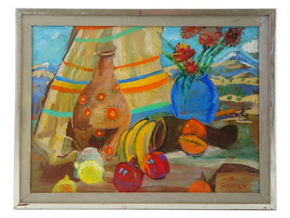 RUSSIAN ARMENIAN PAINTING BY MARTIROS SARYAN: Martiros Saryan, Russian, Armenian, 1880 to 1972, oil painting on canvas depicting a still life composition. Signed lower right. Framed. Martiros Saryan was a painter, and the founder of a modern