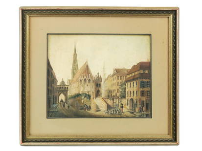 ANTIQUE 19TH C DUTCH CITYSCAPE WATERCOLOR PAINTING: Watercolor on paper painting. Belgian, mid-19th century. The artwork depicts a view of an altar apse of a Gothic cathedral, arches of city walls, houses and passers-by. Unsigned. Beige mat, golden