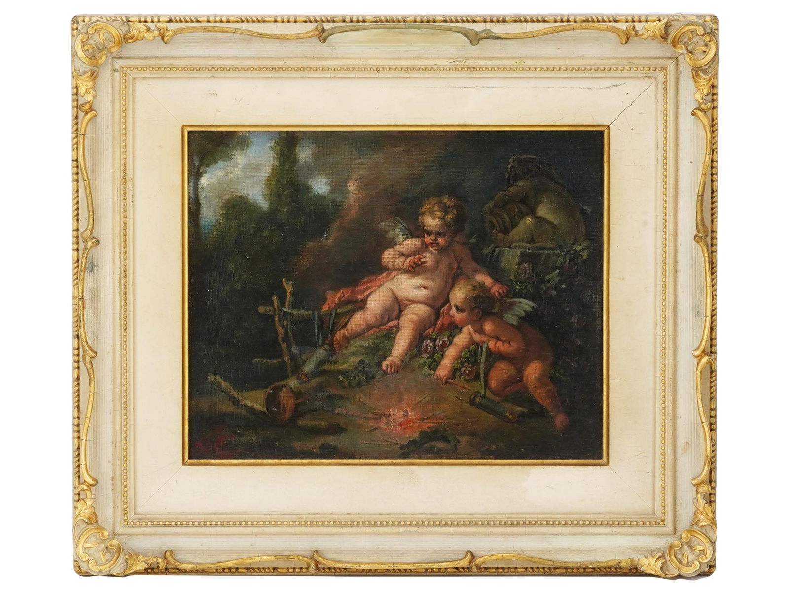 FRENCH CUPIDS OIL PAINTING AFTER FRANCOIS BOUCHER: An oil painting on canvas depicting a scene with two cupids after the original oil painting on canvas, Target of Love, 1758, by Francois Boucher, French, 1703 to 1770. probably signed, lower left. Fra