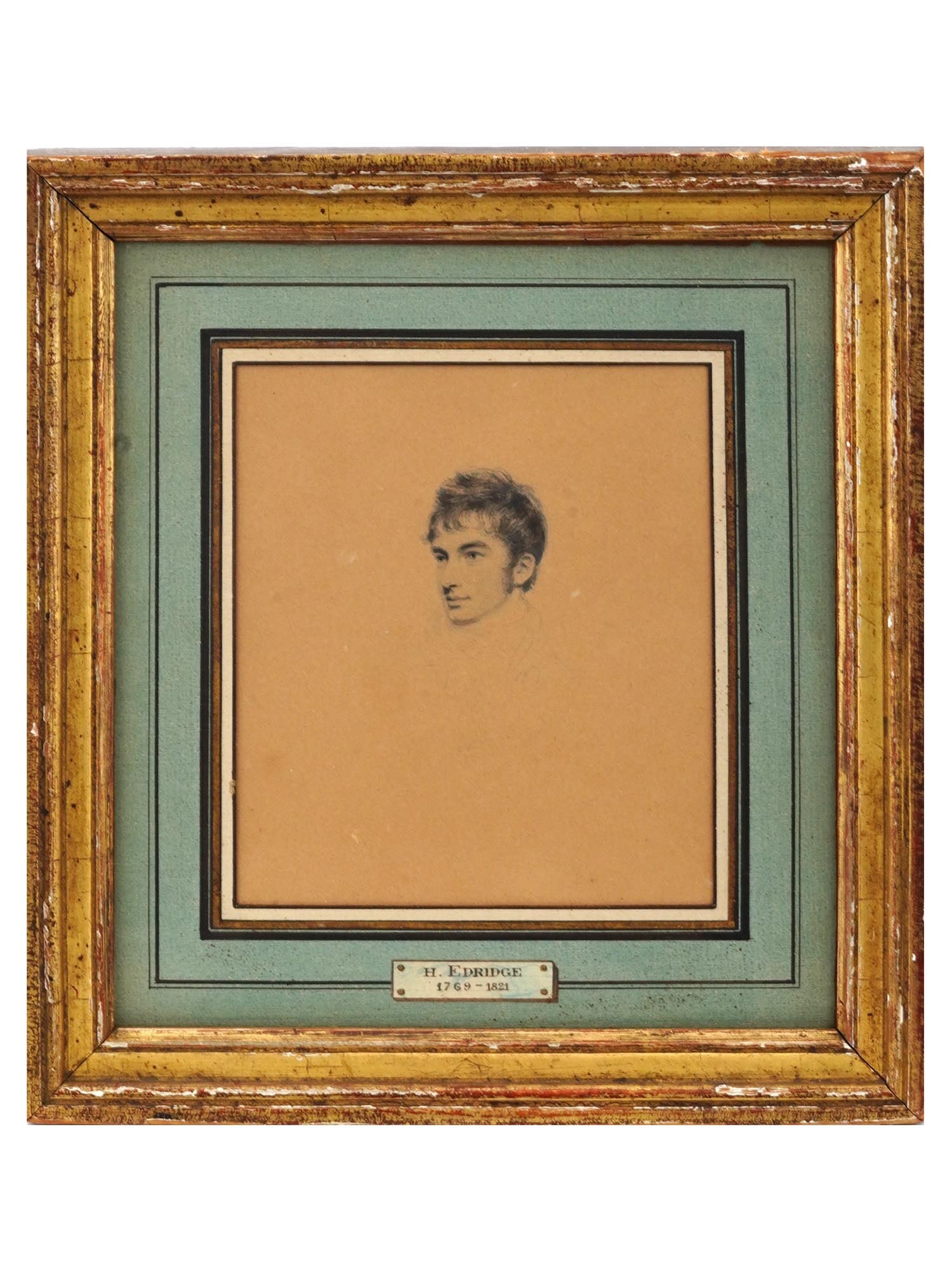 ANTIQUE ENGLISH SKETCH PORTRAIT BY HENRY ELDRIDGE: Henry Eldridge, English, 1769 to 1821, an antique black lead and Indian ink painting on paper depicting a sketch of a mans portrait. Unsigned. Inscribed, H. Edridge 1769 to 1821, lower to the center. 