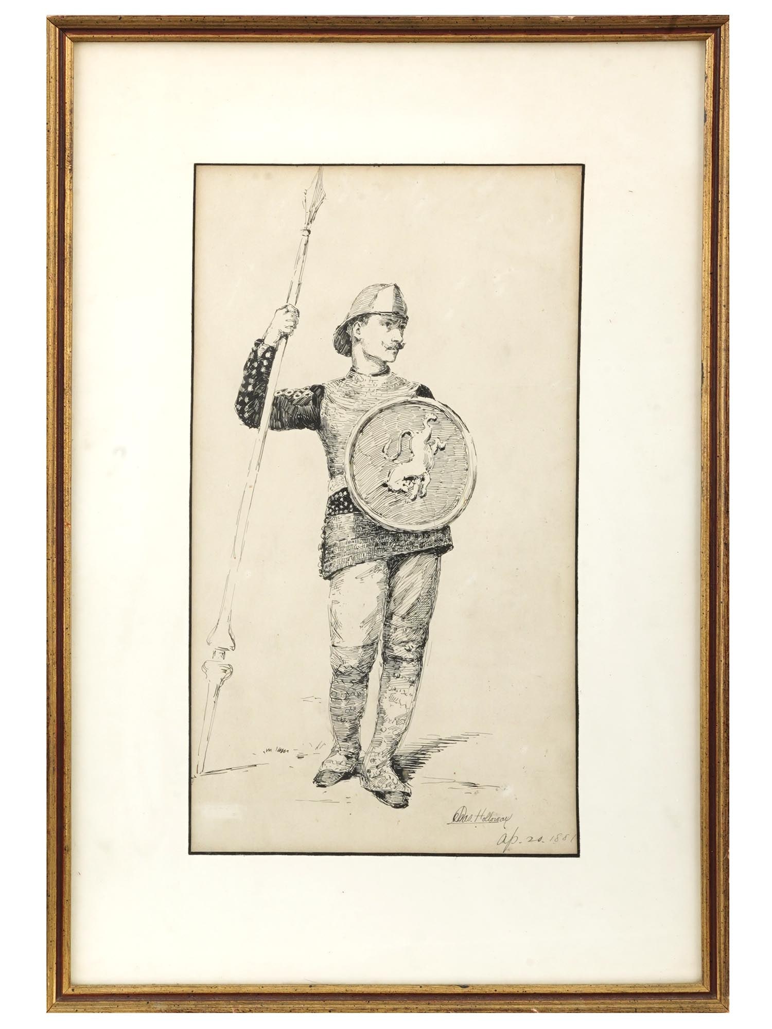 ANTIQUE INK DRAWING MEDIEVAL SOLDIER BY HOLLOWAY (1 of 5)