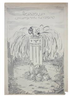 WWII ARMENIAN SOVIET ERA ILLUSTRATION PAINTING: A WWII Armenian Soviet illustration ink painting on paper depicting a rolled up sheet of paper in the form of a pedestal with a head on a top from whose mouth phrases in Armenian fly out. Titled in