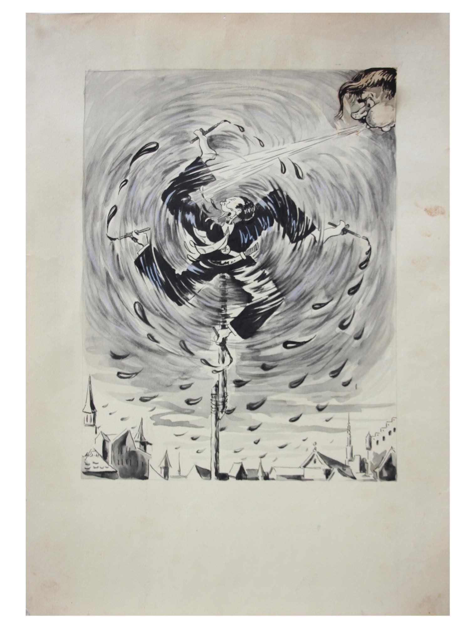 WWII SOVIET CARICATURE PAINTING ATTR TO G RYKLIN: A WWII military ink painting on paper, attributed to Grigoriy Ryklin, depicting a caricature scene with Adolf Hitler blowing on a male figure in the form of a swastika in whose hands paint brushes fro