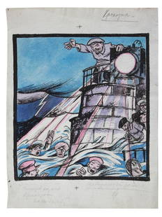 SOVIET PAINTING MAQUETTE FOR POSTER BY I MALYUTIN: Ivan Andreevich Malyutin (Russian, 1891—1932) unique mixed media (watercolor and ink) painting on paper, an original maquette of a poster, Lenin the Beacon (The Father of the Revolution mans the