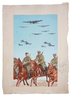 SOVIET MILITARY PAINTING FOR POSTER BY MAGUIDSON: Ada (Ariadna) Solomonovna Maguidson (Russian, 1906–1981) unique military mixed media painting on paper, an original maquette of a poster, Give More Cavalry and Show Mass, 1937. Titled in pencil